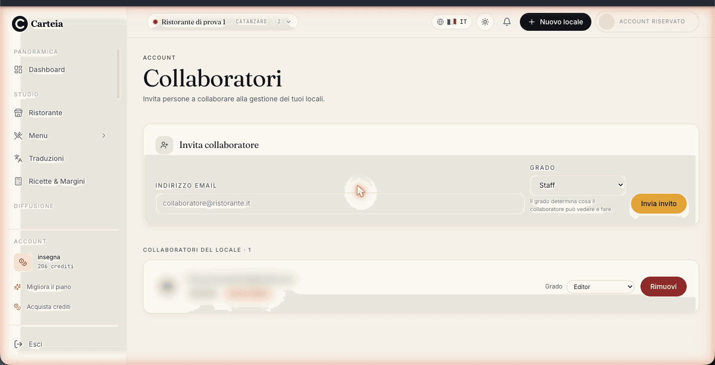 Pagina Account · Collaboratori: form 'Invita collaboratore' con campo email, selettore di ruolo e pulsante 'Invia invito'; sotto, la lista dei collaboratori del locale con i dati personali oscurati.