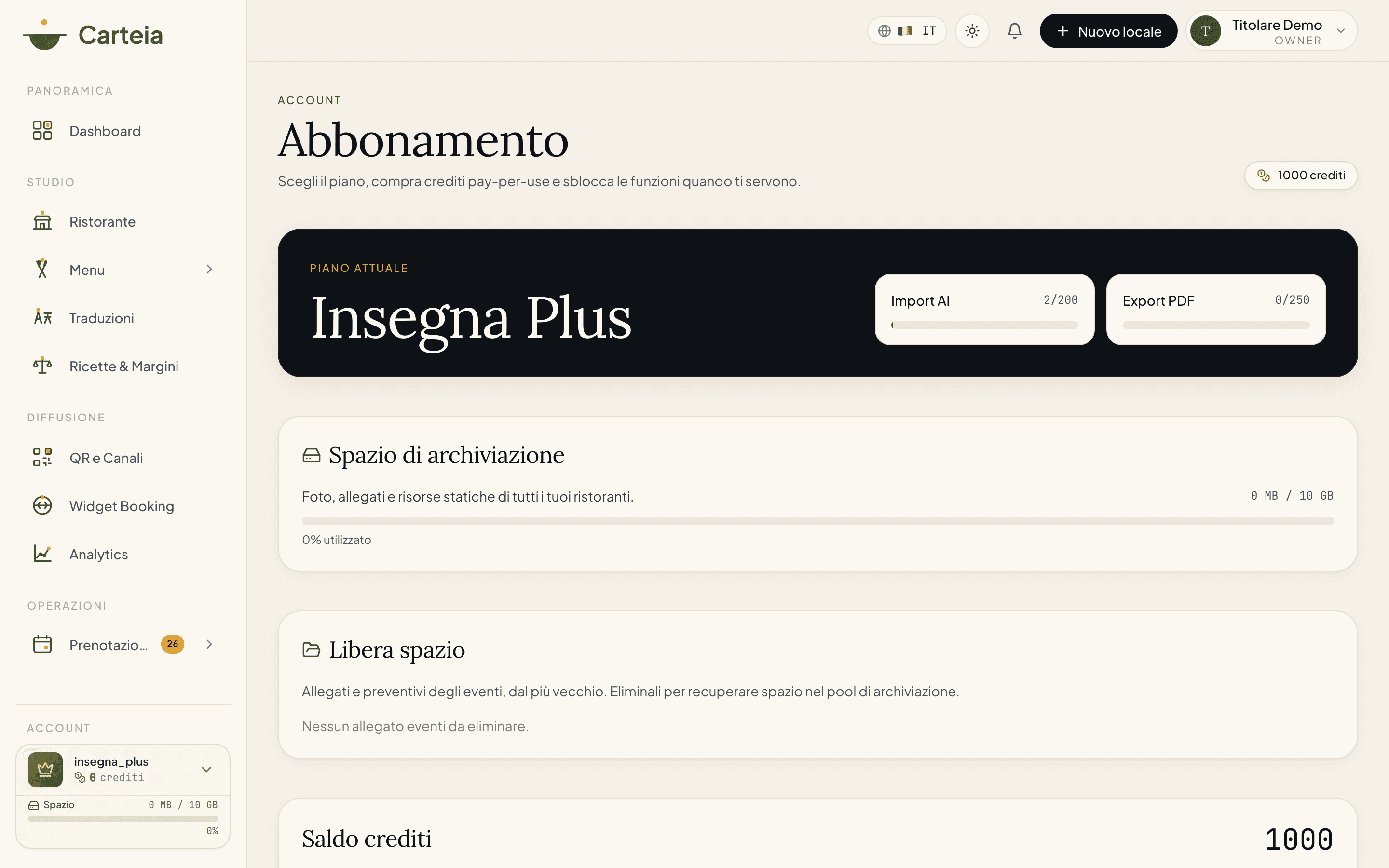 Pagina Abbonamento di Carteia con piano attuale, crediti residui e pacchetti da comprare