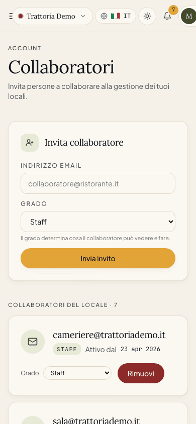 Form di invito collaboratore su smartphone con campo email e selezione del ruolo