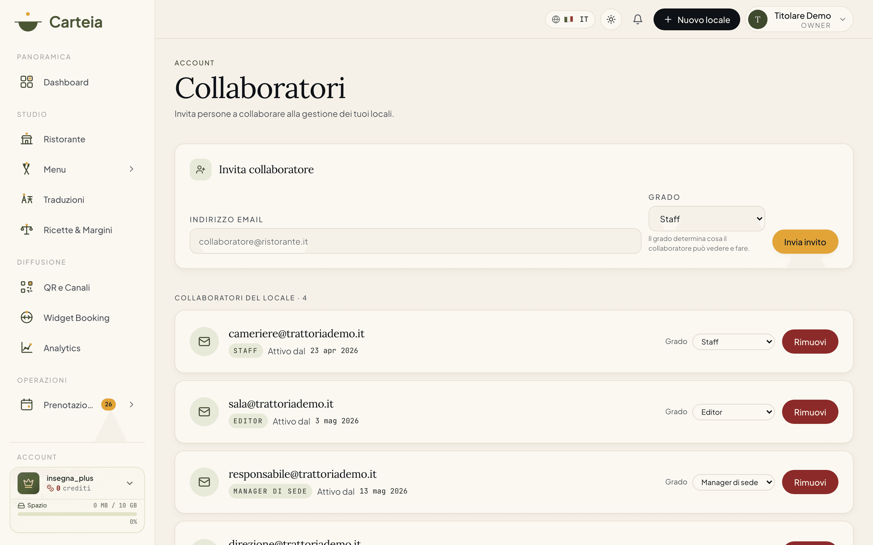 Pagina Team con elenco collaboratori, ruoli e stato dell'accesso