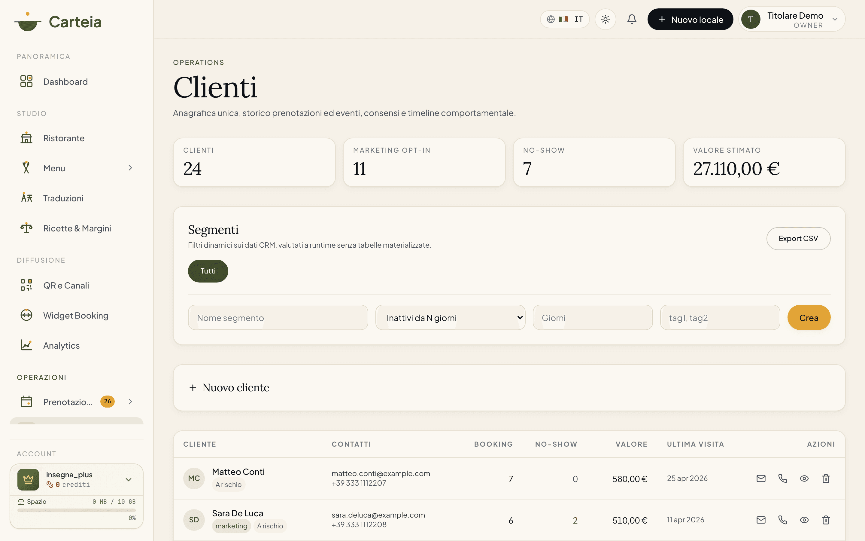 Pagina Clienti con elenco, segmenti e valore stimato per cliente