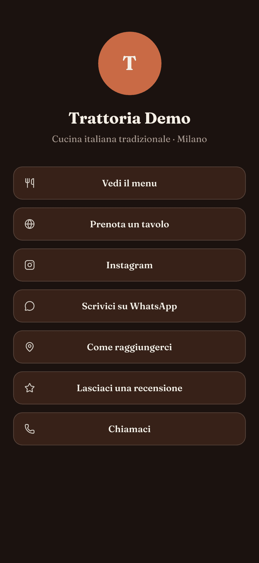 Öffentliche Social-Seite auf dem Smartphone: runder Avatar, Name des Lokals, Untertitel und die Link-Buttons (Speisekarte, Reservierung, Instagram, WhatsApp, Karte, Bewertung, Anrufen).