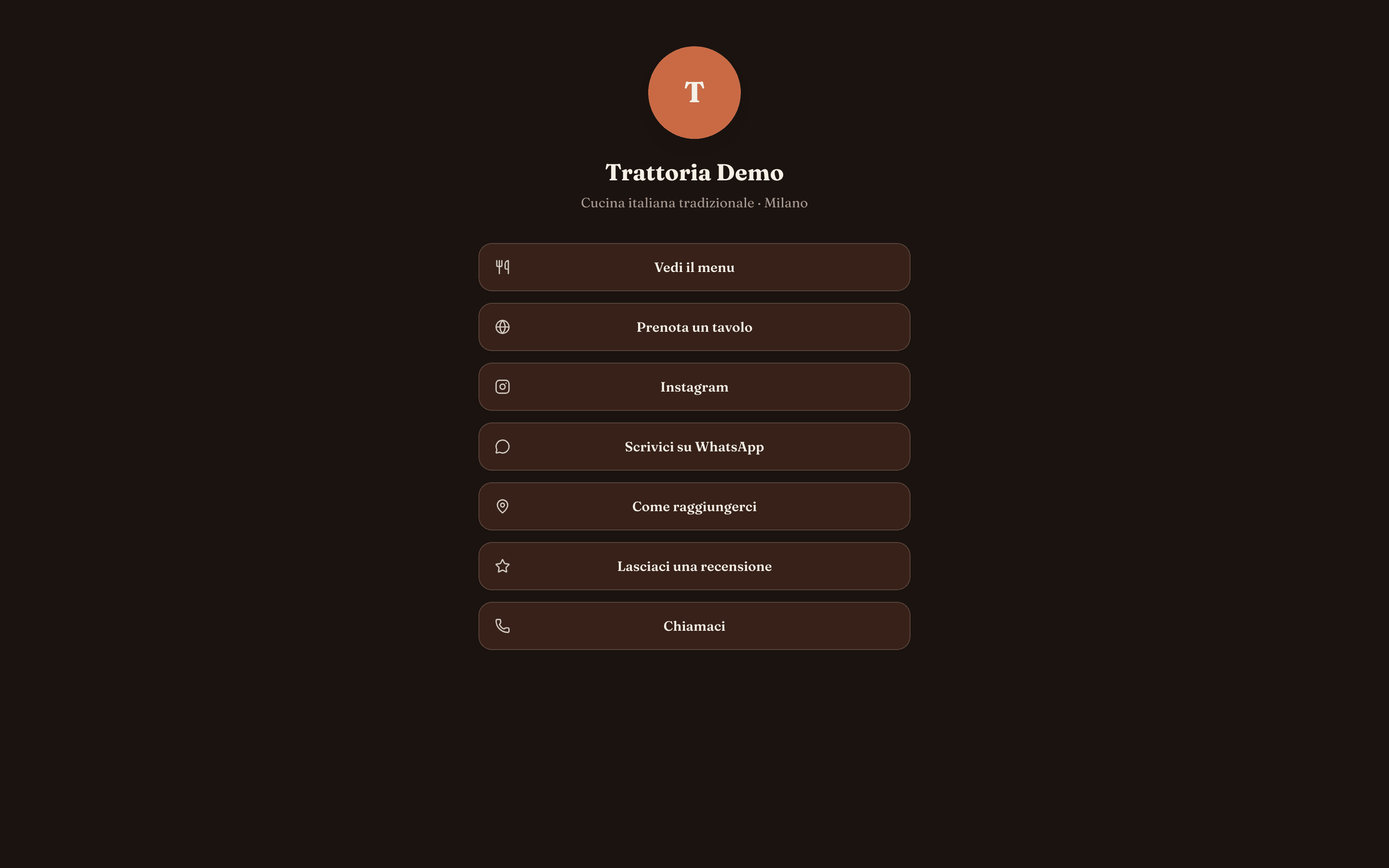 Öffentliche Social-Seite auf dem Desktop: Avatar, Name des Lokals, Untertitel und die Link-Buttons zentriert auf dunklem Hintergrund.