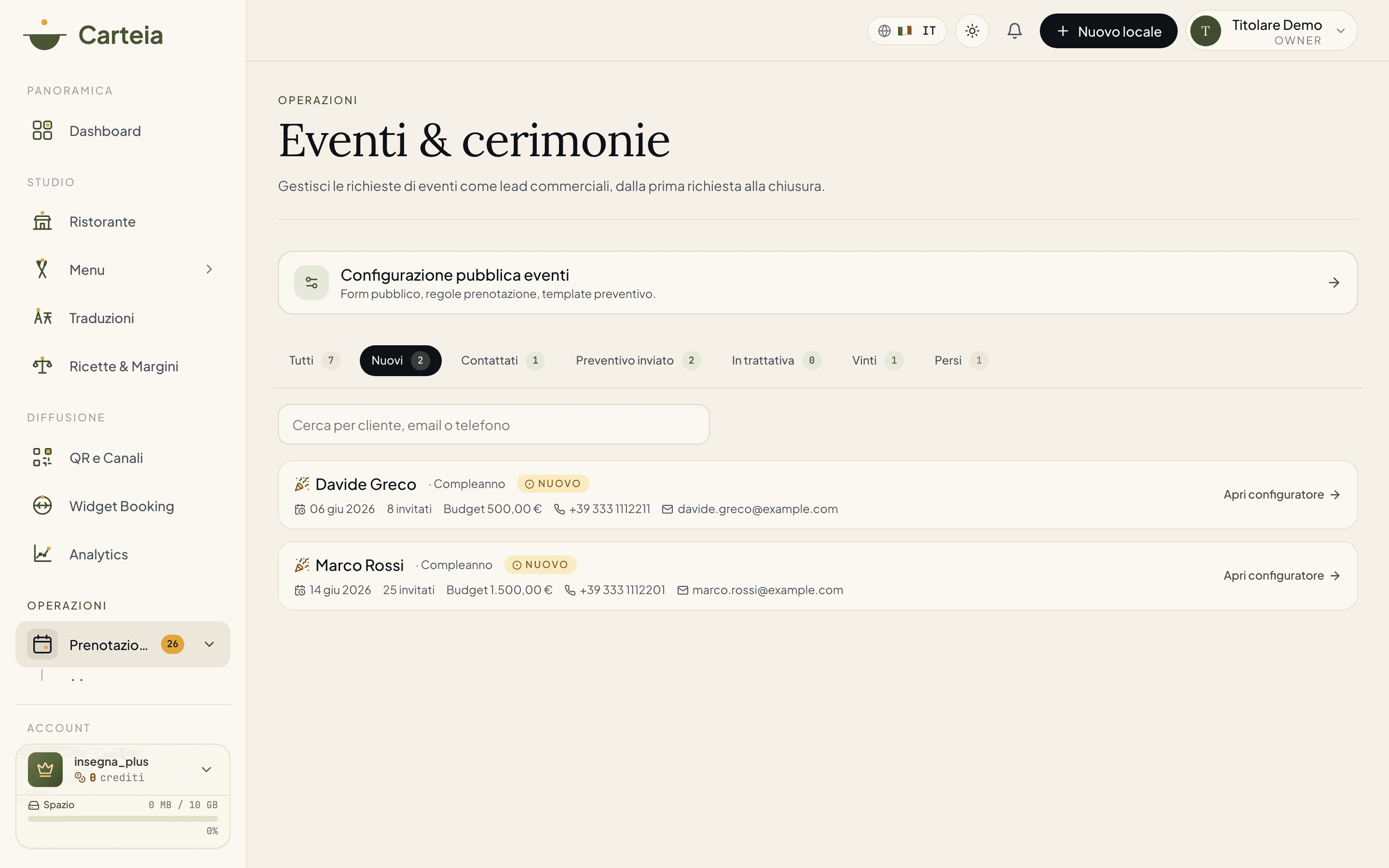 Bacheca eventi con i filtri per stato (Nuove, Contattate, Preventivo inviato, In trattativa, Vinte, Perse) e l'elenco delle richieste