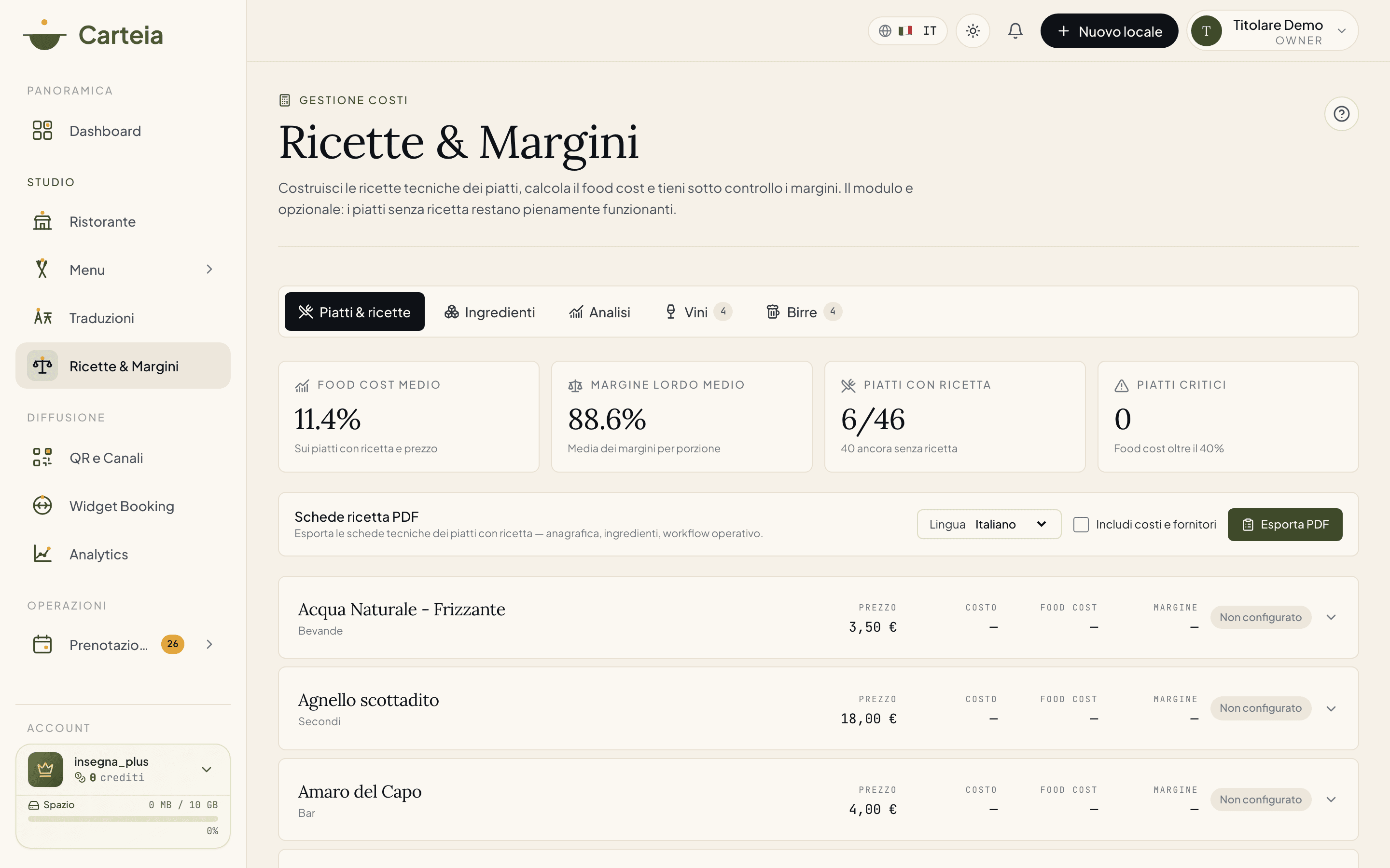 Lista piatti con prezzo, costo materia, food cost percentuale e margine