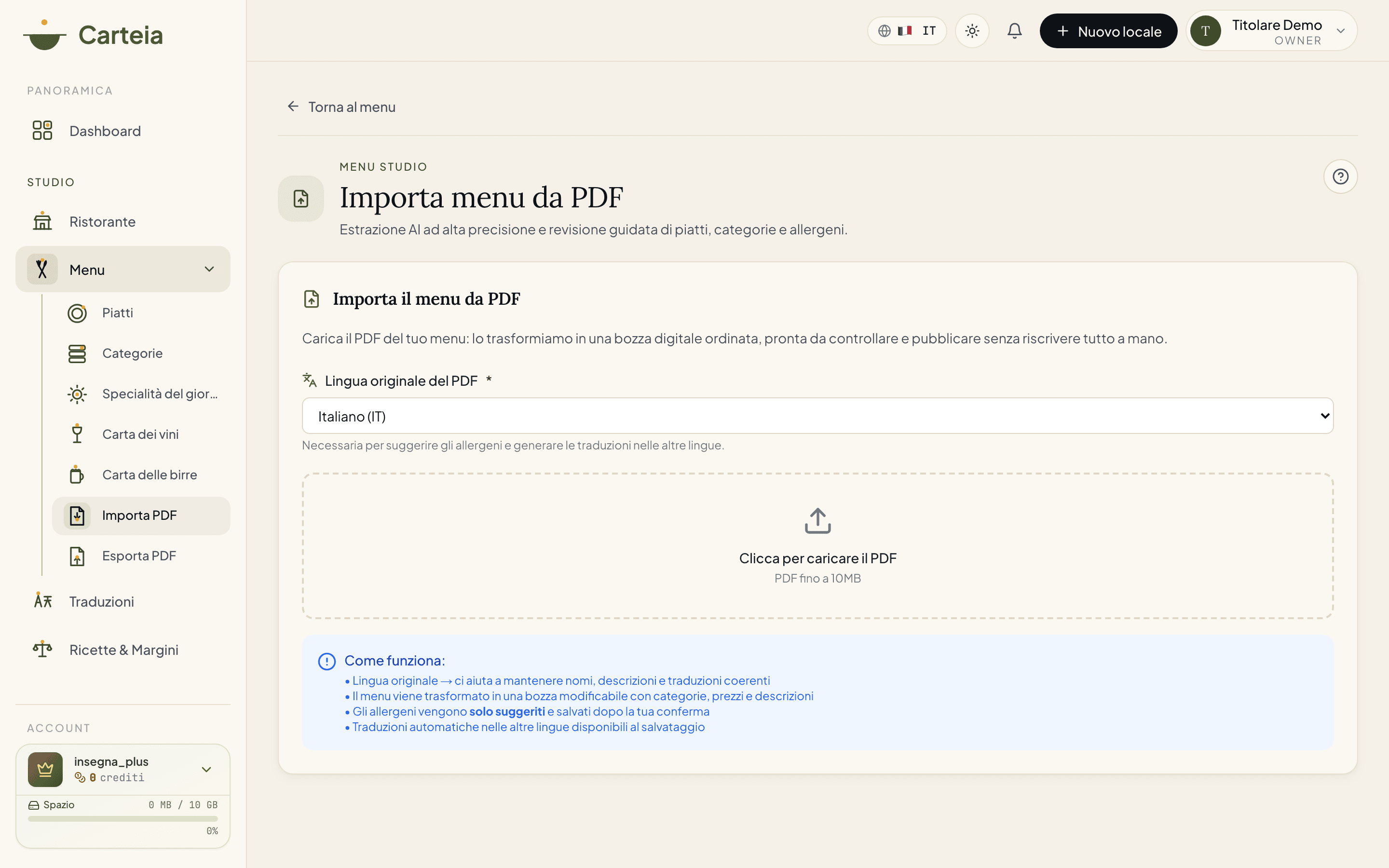 Pagina di importazione PDF con la scelta della lingua e l'area per caricare il file