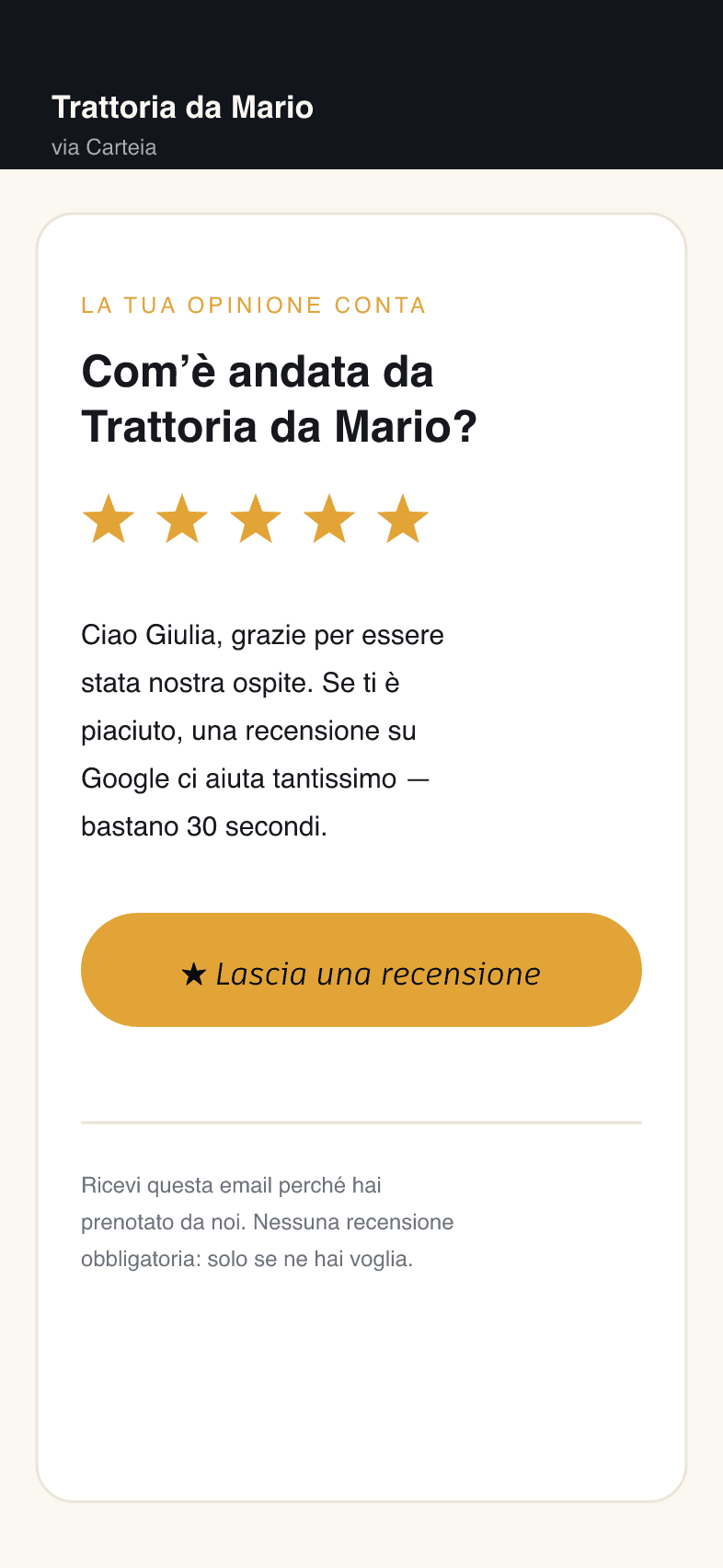 Email di richiesta recensione sul telefono: nome del locale, titolo 'Com'è andata da…?', cinque stelle, pulsante 'Lascia una recensione' e nota sul perché si riceve l'email.