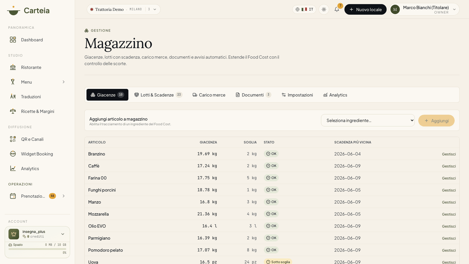 Pagina Magazzino con le sei viste a linguette e la tabella delle giacenze