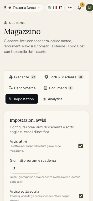Impostazioni avvisi magazzino su smartphone: giorni di preallarme, canali, destinatari