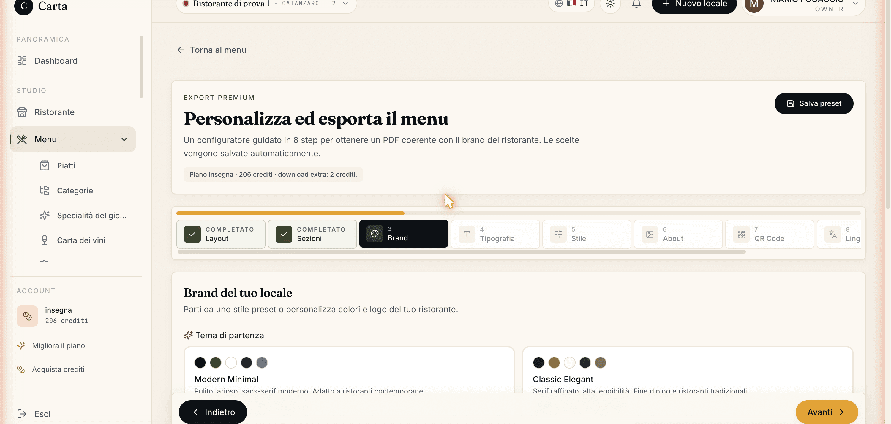 Passo Brand del configuratore con i temi grafici di partenza