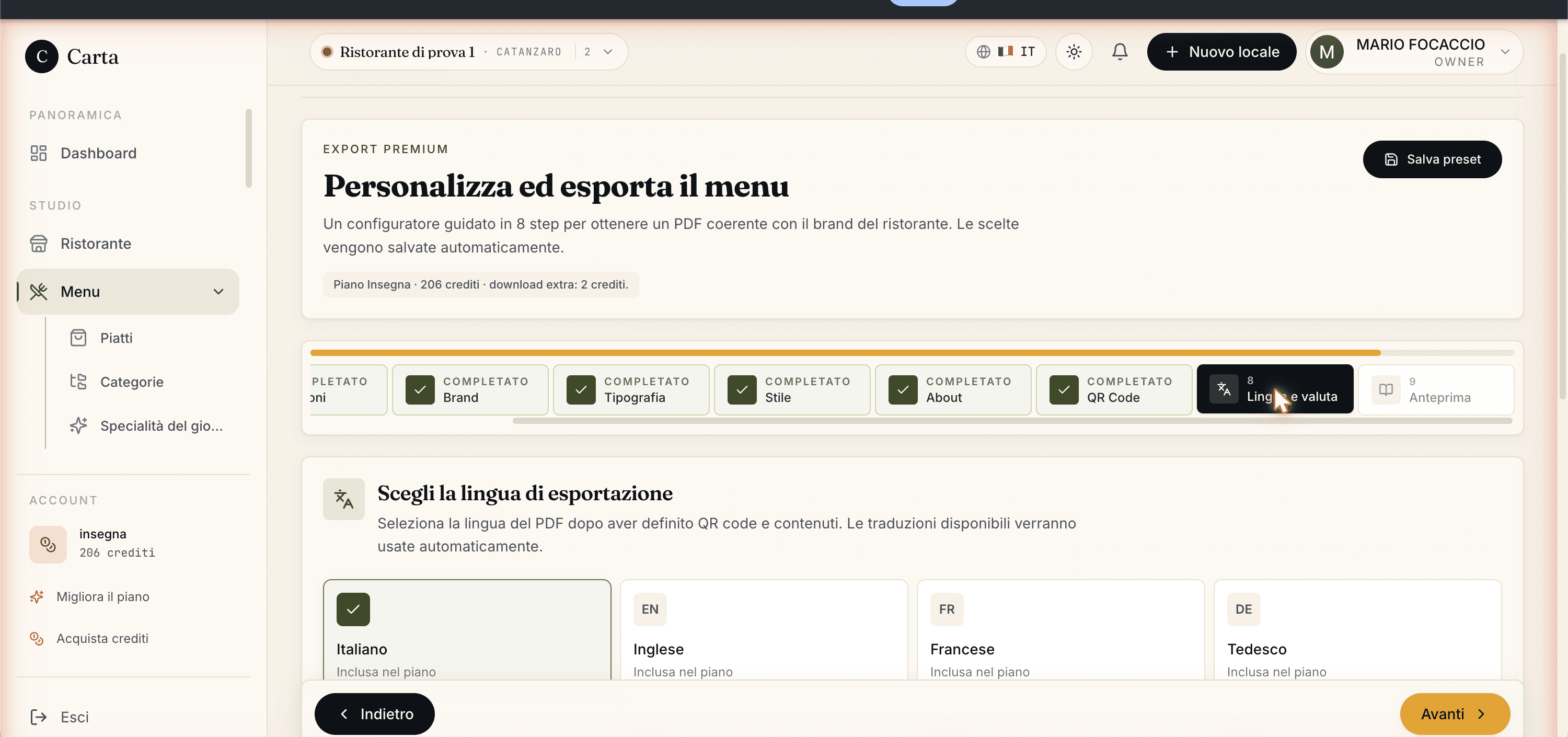 Passo Lingua e valuta con le lingue disponibili e le opzioni sui prezzi