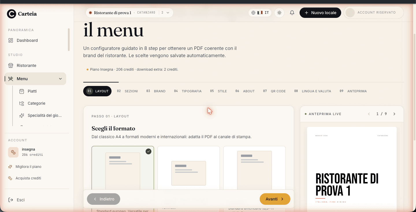 Configuratore a due colonne: a sinistra le impostazioni, a destra l'anteprima della pagina del PDF con le frecce per sfogliare