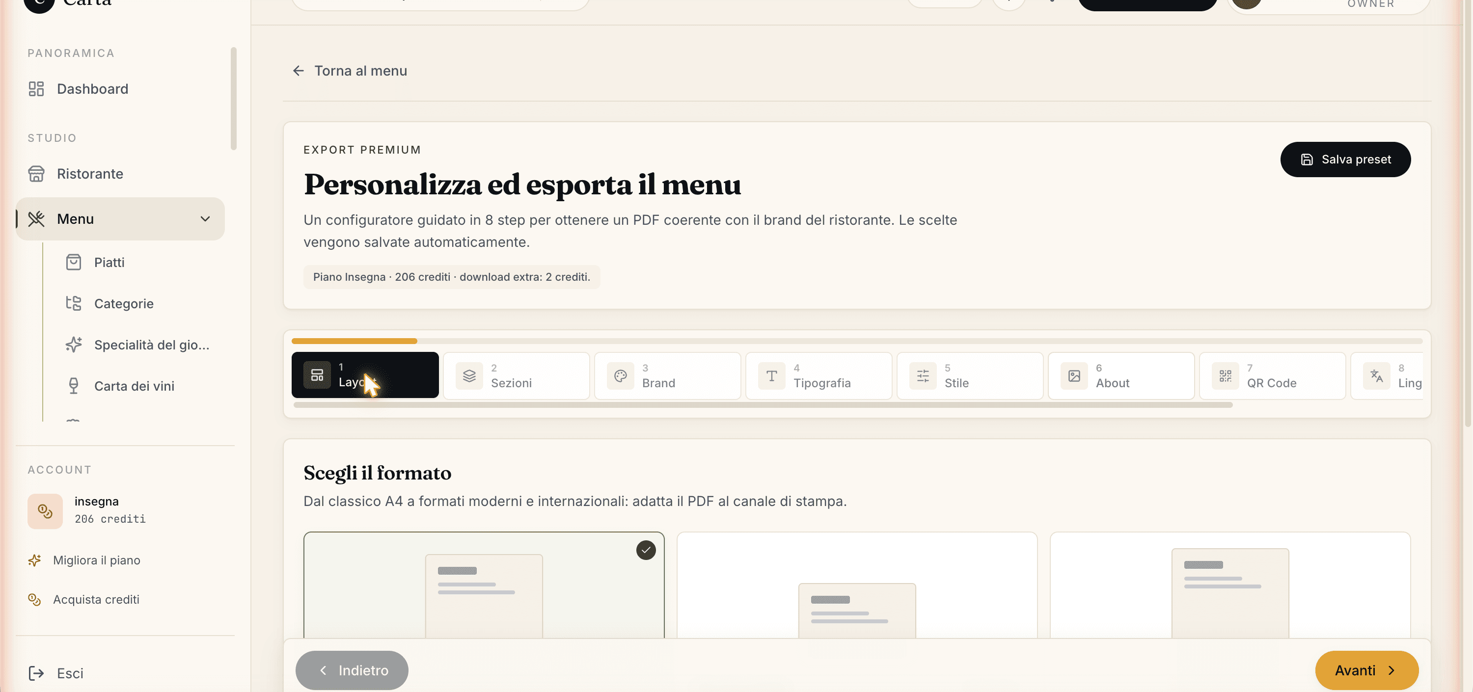Configuratore di esportazione PDF, primo passo: scelta del formato del foglio