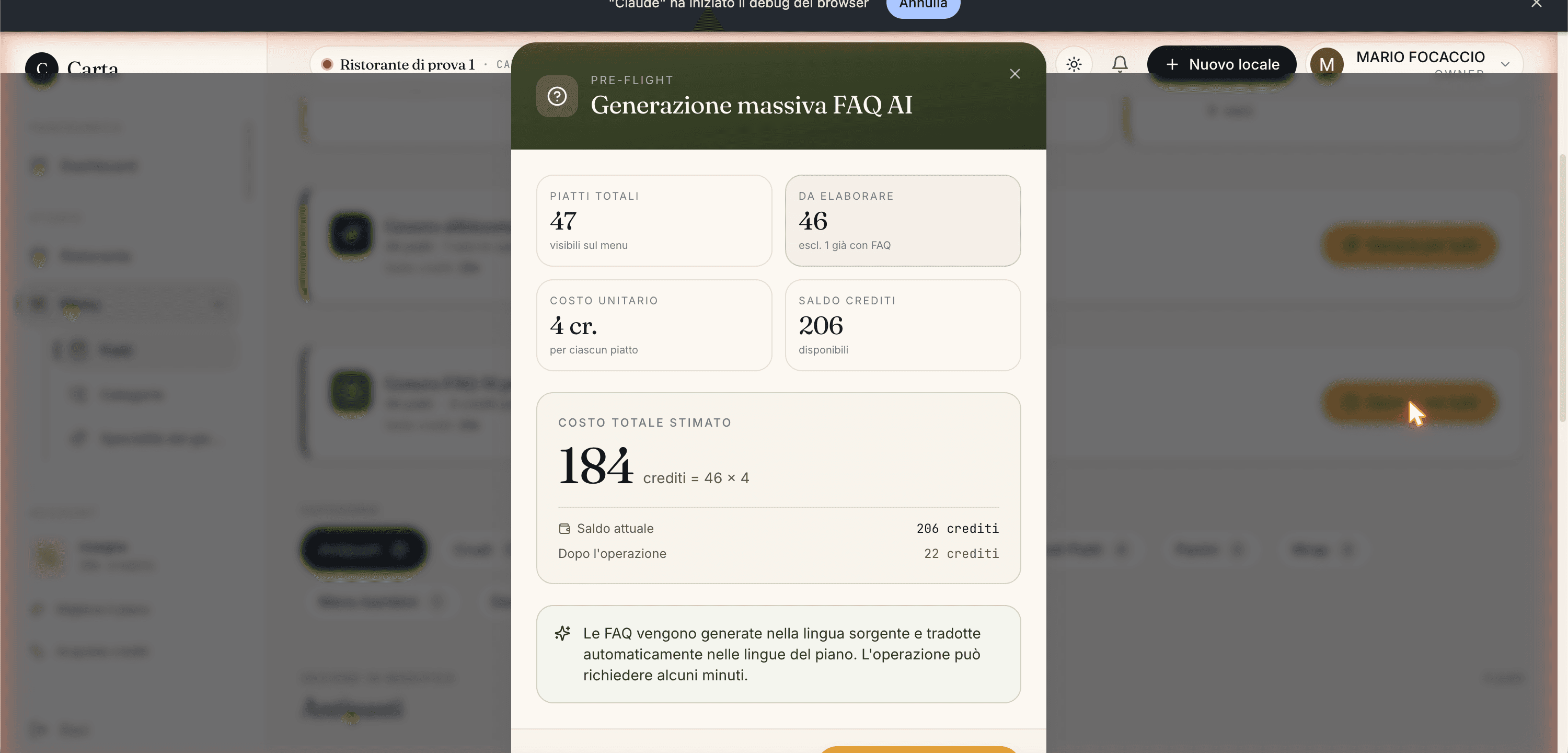 Finestra di riepilogo della generazione di gruppo delle FAQ AI, con piatti totali, piatti da elaborare, costo per piatto, costo totale e saldo dopo l'operazione