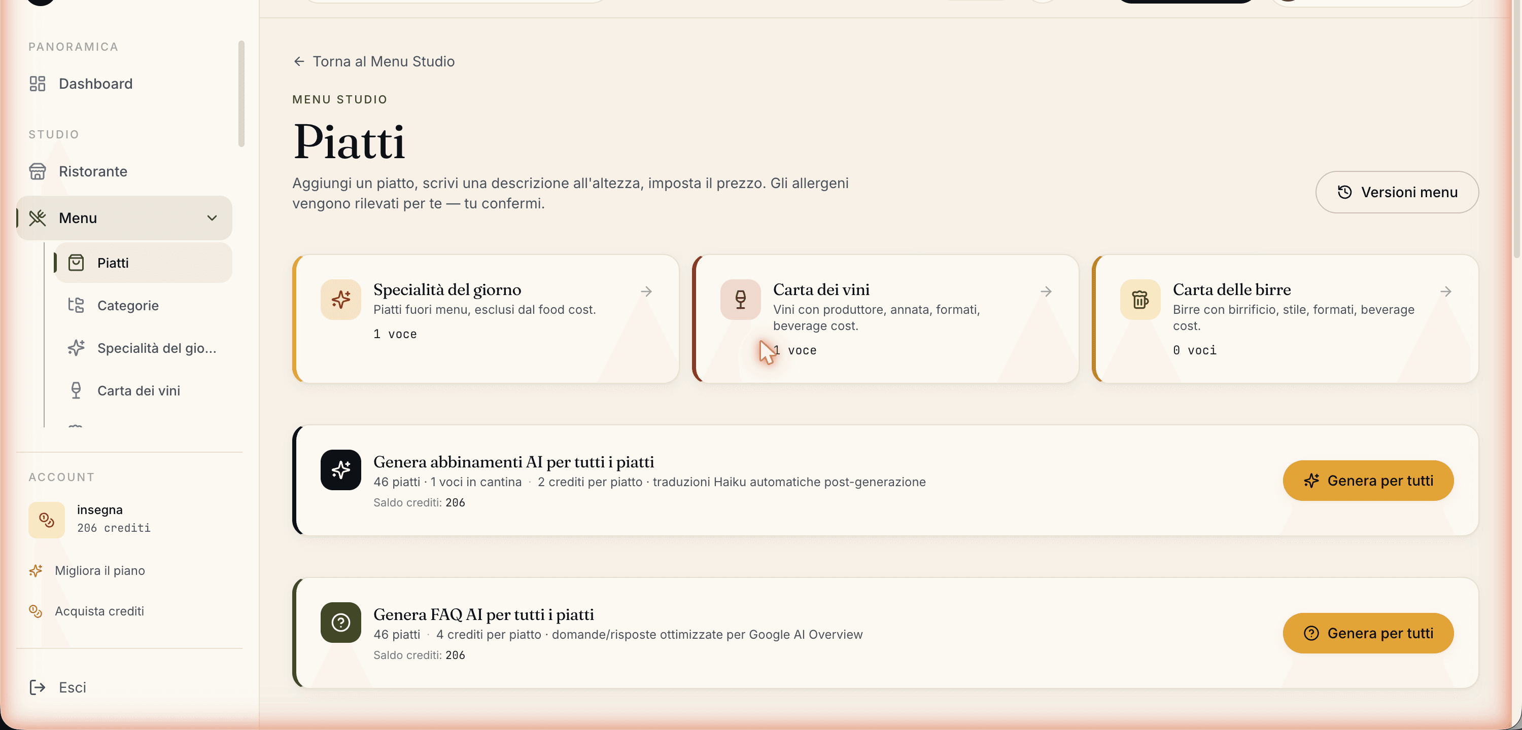 Pagina Piatti con i banner per generare in gruppo gli abbinamenti del sommelier e le FAQ AI