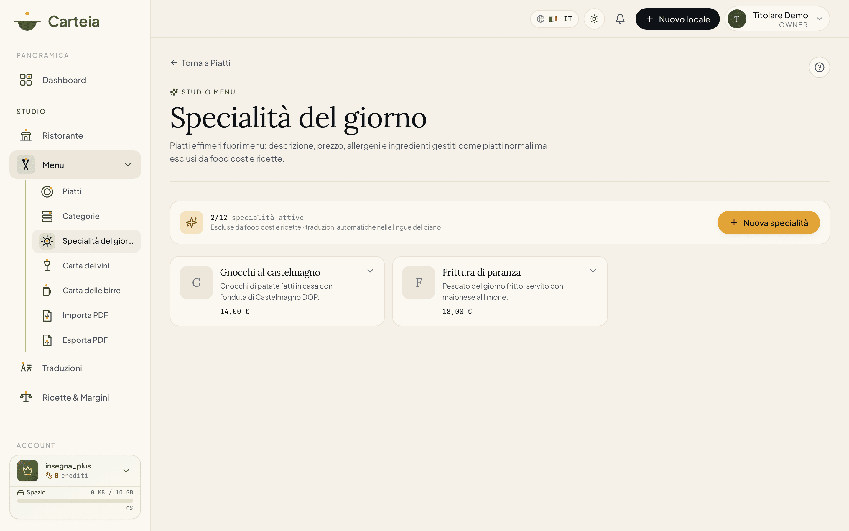 Pagina delle specialità del giorno con gli gnocchi al castelmagno e la frittura di paranza attivi, e il pulsante Nuova specialità