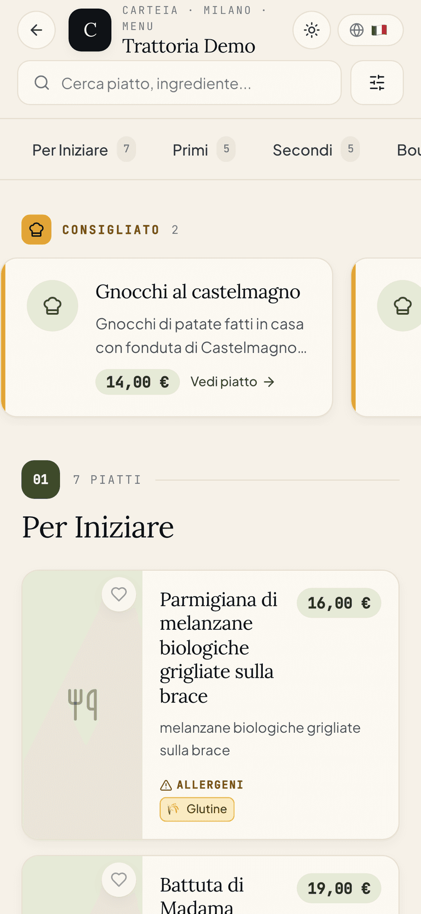 Menu pubblicato su smartphone: ricerca, linguette delle categorie e sezione Consigliato
