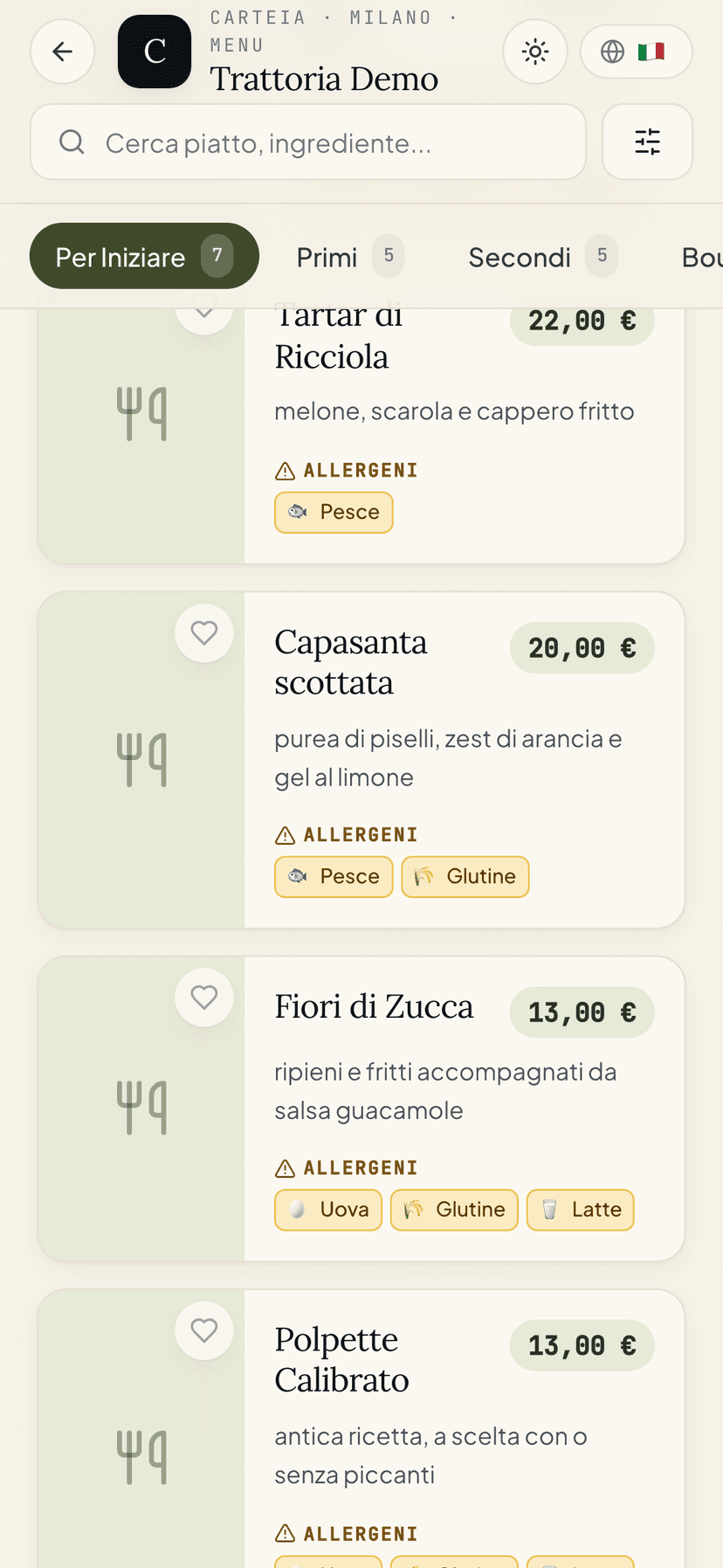 Menu pubblicato su smartphone scorrendo tra i piatti, con prezzi e allergeni
