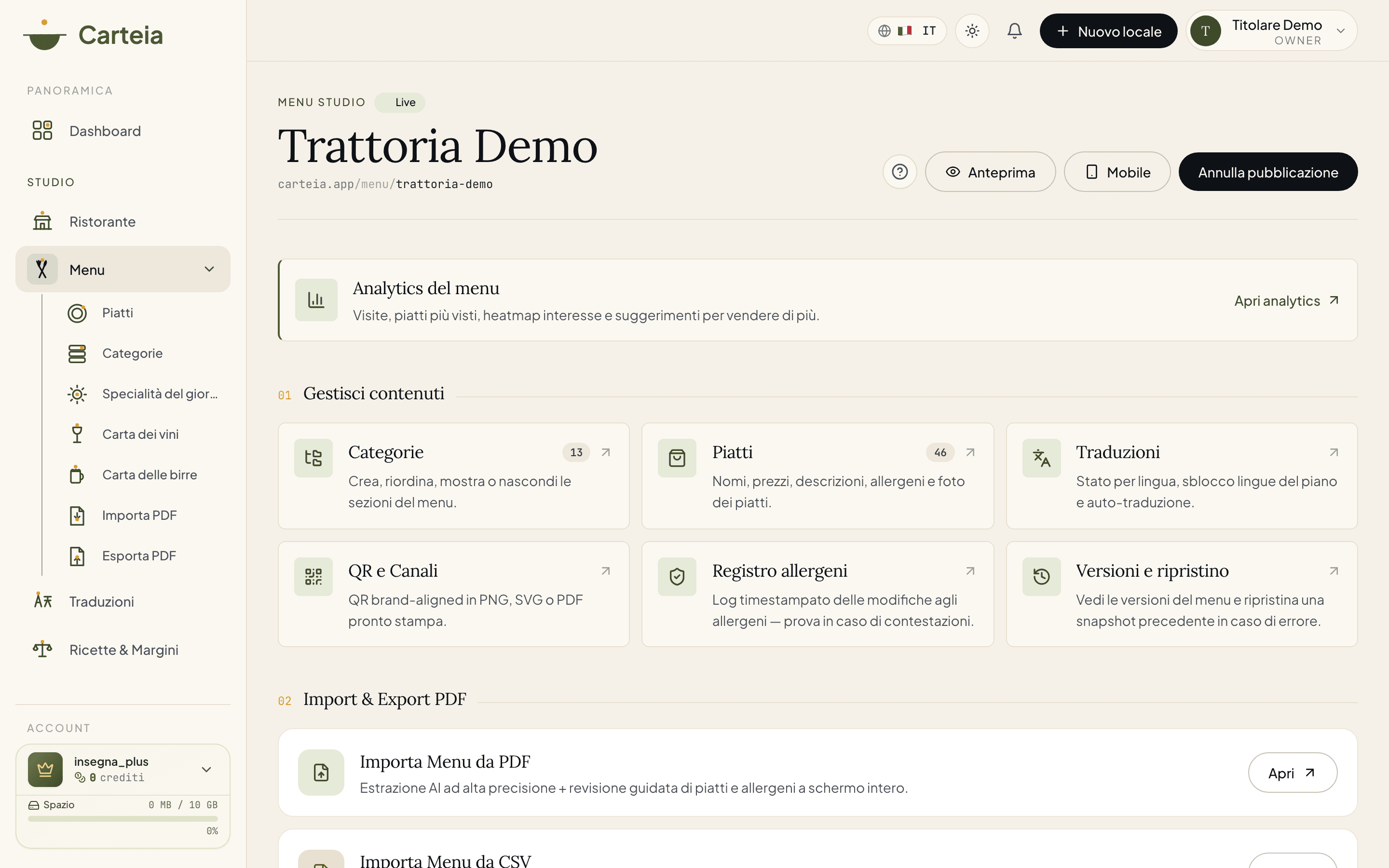 Pagina Menu con lo stato di pubblicazione in alto e il pulsante per pubblicare o disattivare