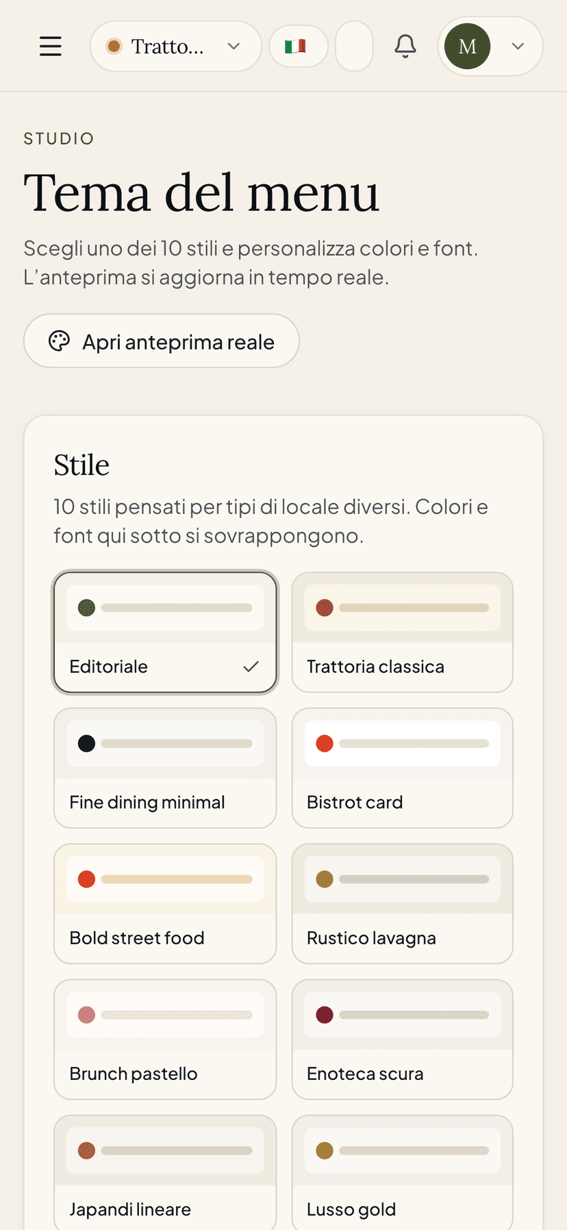 Editor do tema no smartphone: cabeçalho 'Tema do cardápio' e a grade dos 10 estilos em duas colunas.