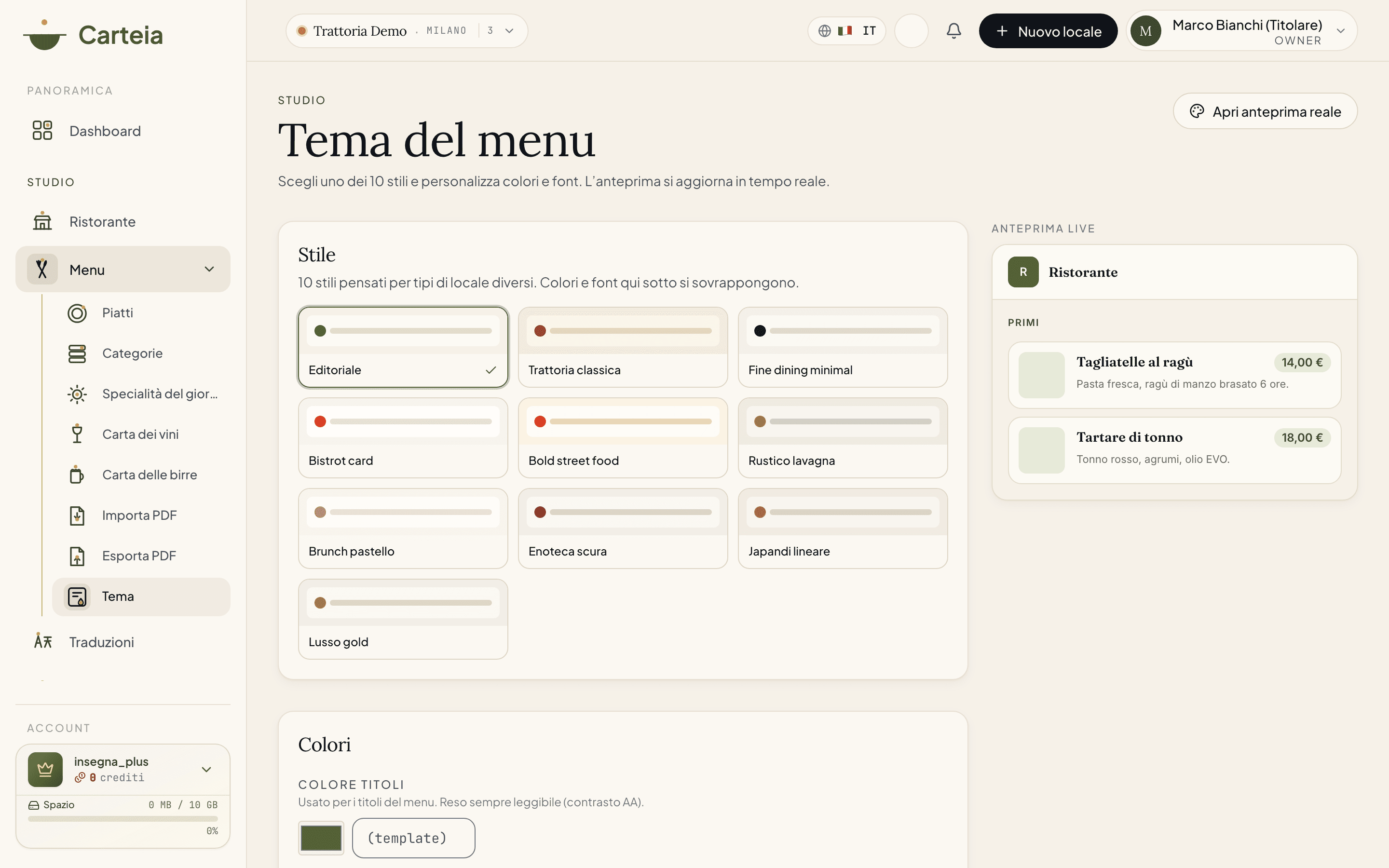 Editor do tema do cardápio: à esquerda a grade dos 10 estilos (Editorial selecionado) e as seções de cores; à direita a pré-visualização ao vivo do cardápio com dois pratos.