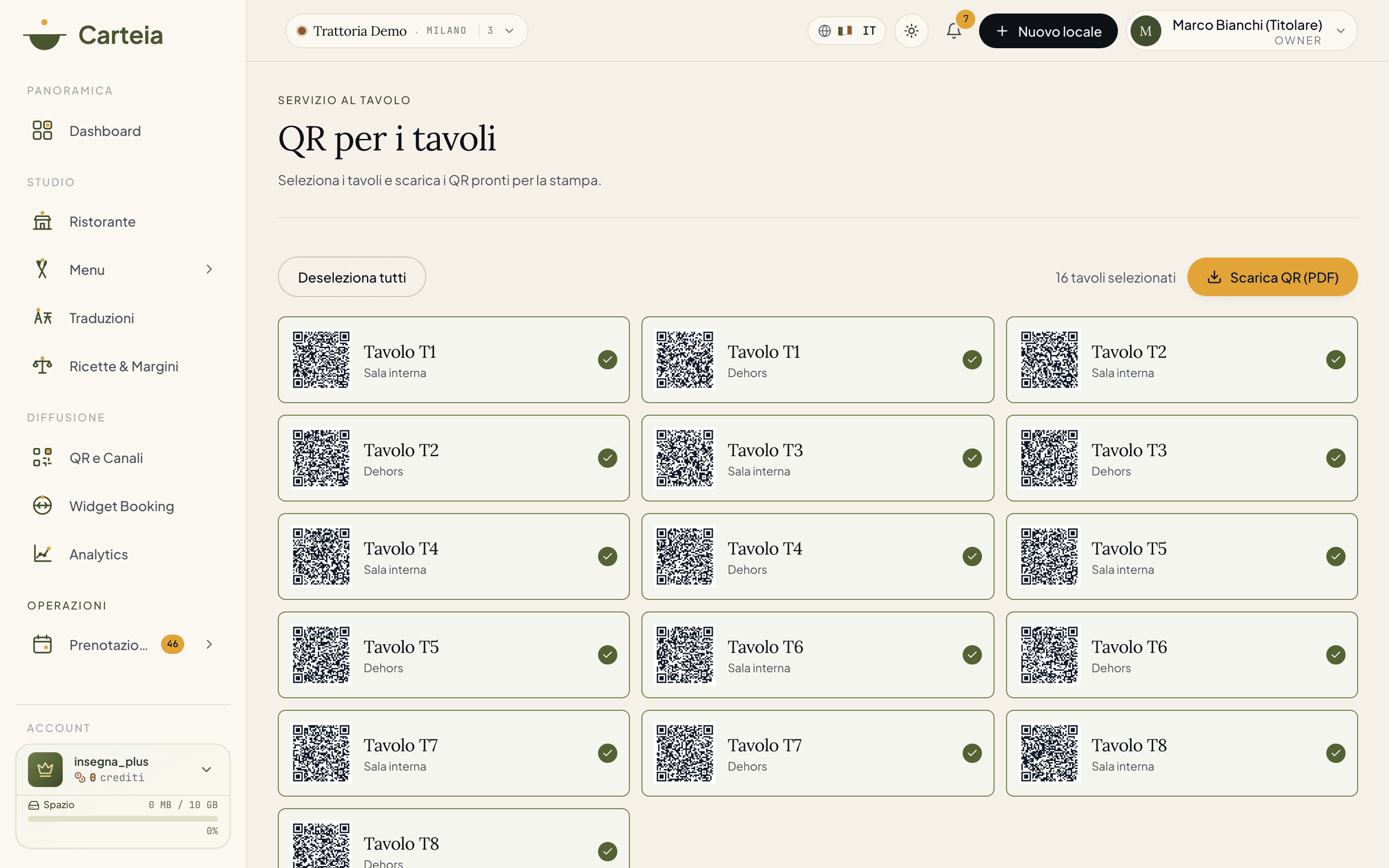 Pagina QR per i tavoli: una griglia di codici QR, uno per ogni tavolo del locale, con il pulsante Scarica QR (PDF)