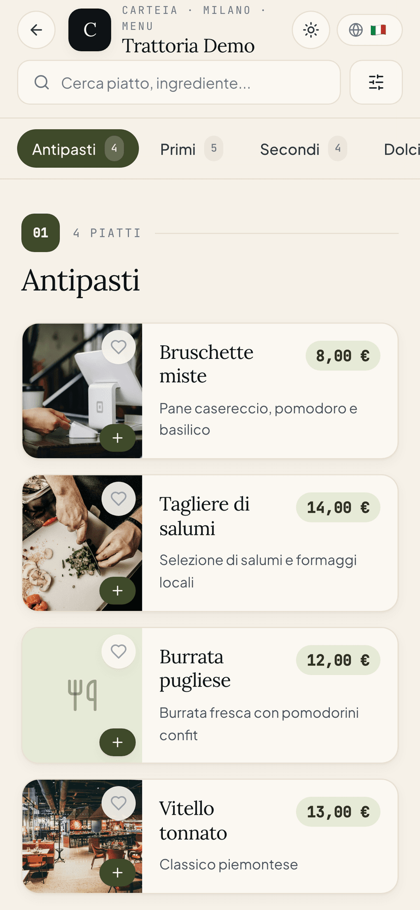 Menu pubblico della Trattoria Demo su smartphone: ricerca, linguette delle categorie e piatti con foto e prezzo