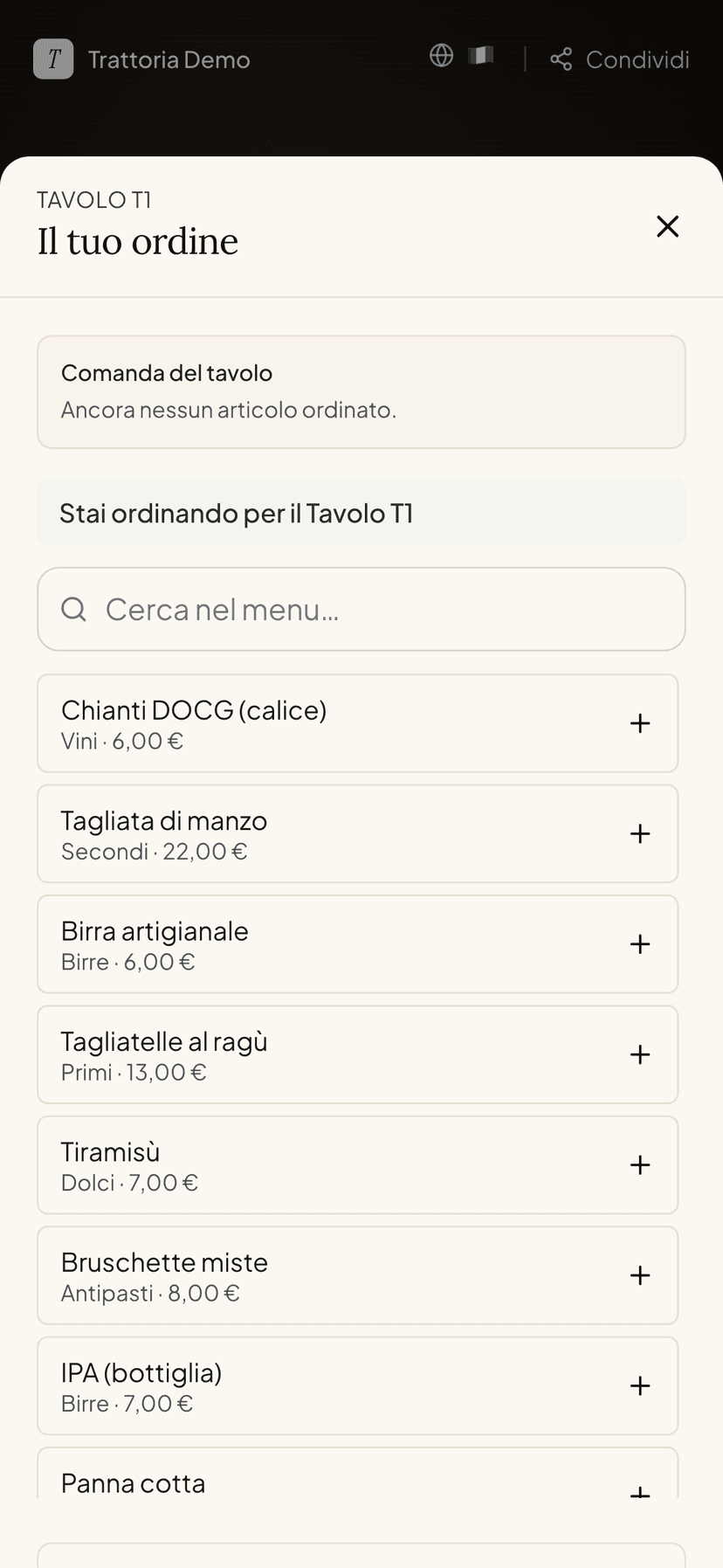 Schermata Il tuo ordine su smartphone: l'indicazione Stai ordinando per il Tavolo T1 e l'elenco dei piatti con il pulsante più per aggiungerli alla comanda