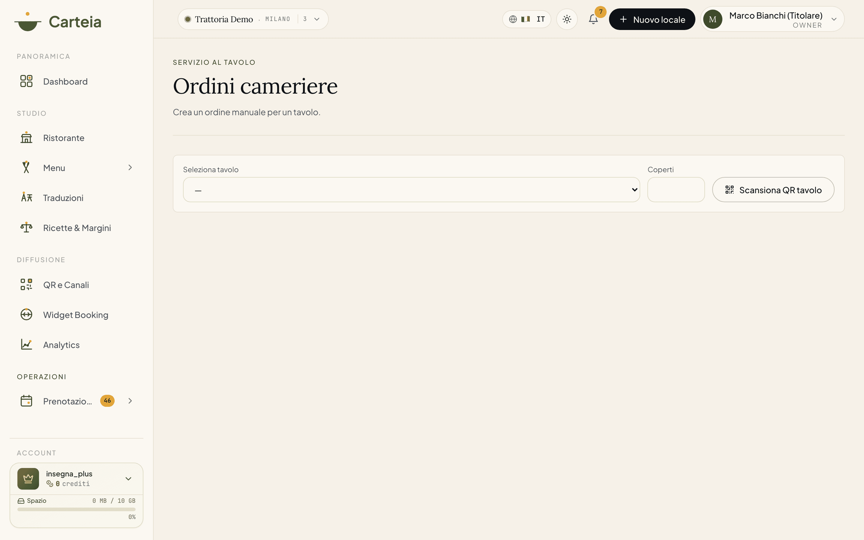 Pagina Ordini cameriere: selezione del tavolo, campo coperti e pulsante Scansiona QR tavolo per creare una comanda a mano