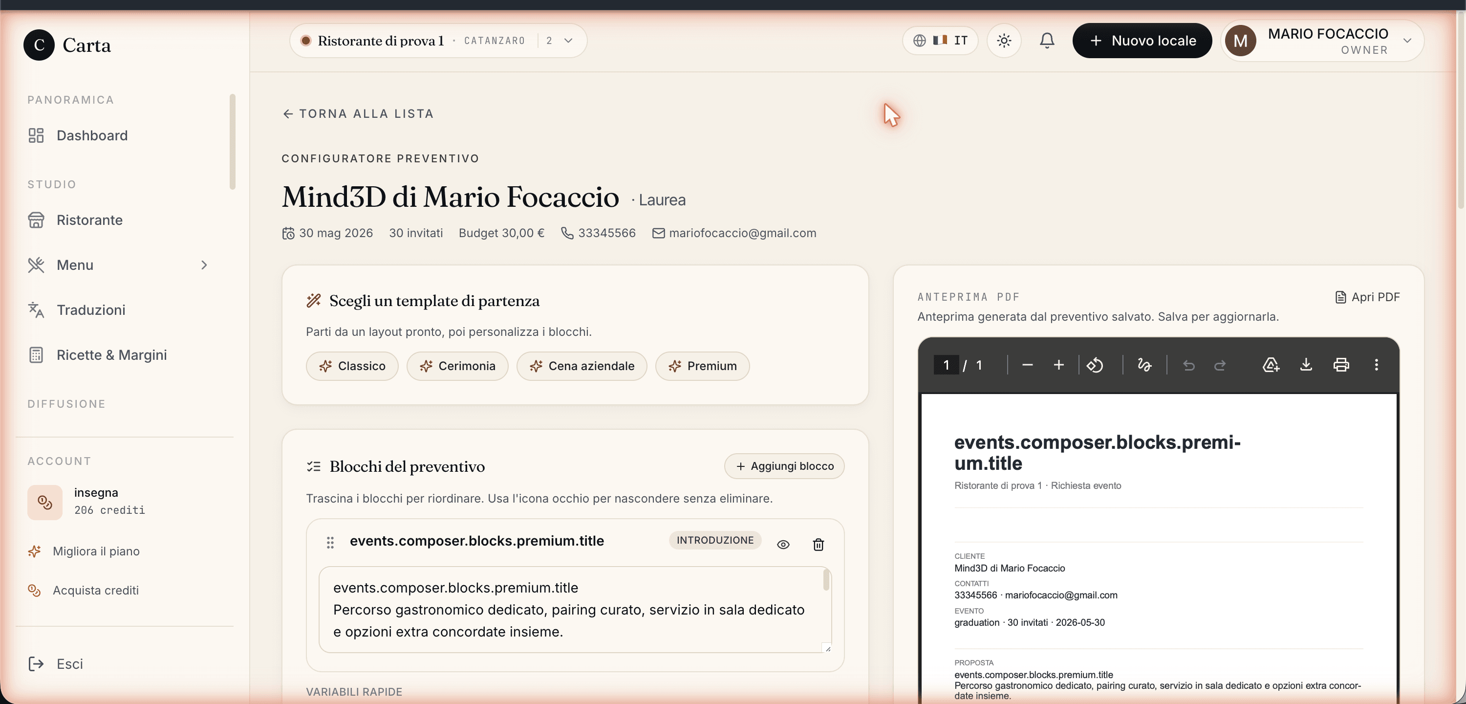 L'editor del preventivo: a sinistra i blocchi trascinabili con i modelli rapidi, a destra l'anteprima del PDF che si aggiorna in tempo reale