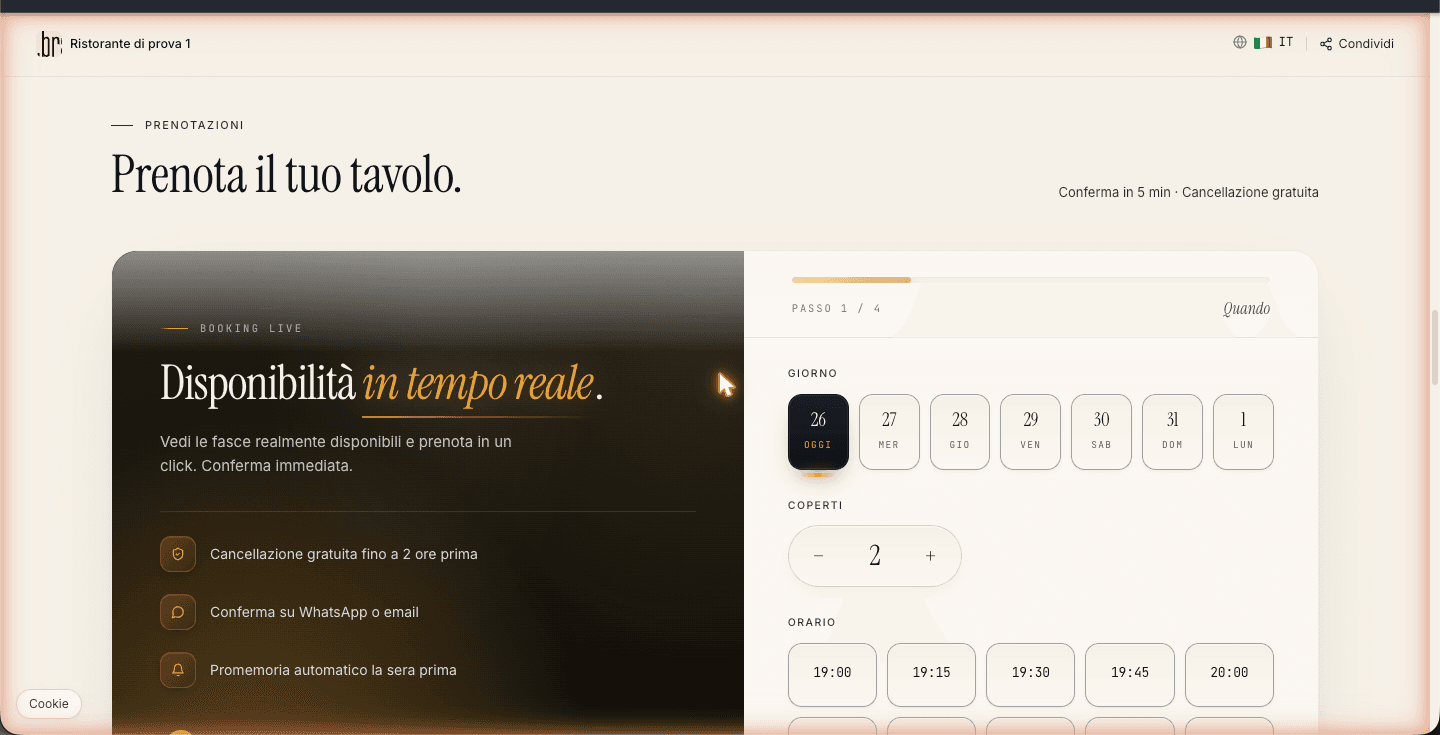 Pannello pubblico di prenotazione sul lato della pagina ristorante: barra con quattro passi (Quando, Sala, Contatti, Conferma), passo Quando attivo con scelta del giorno e numero coperti.