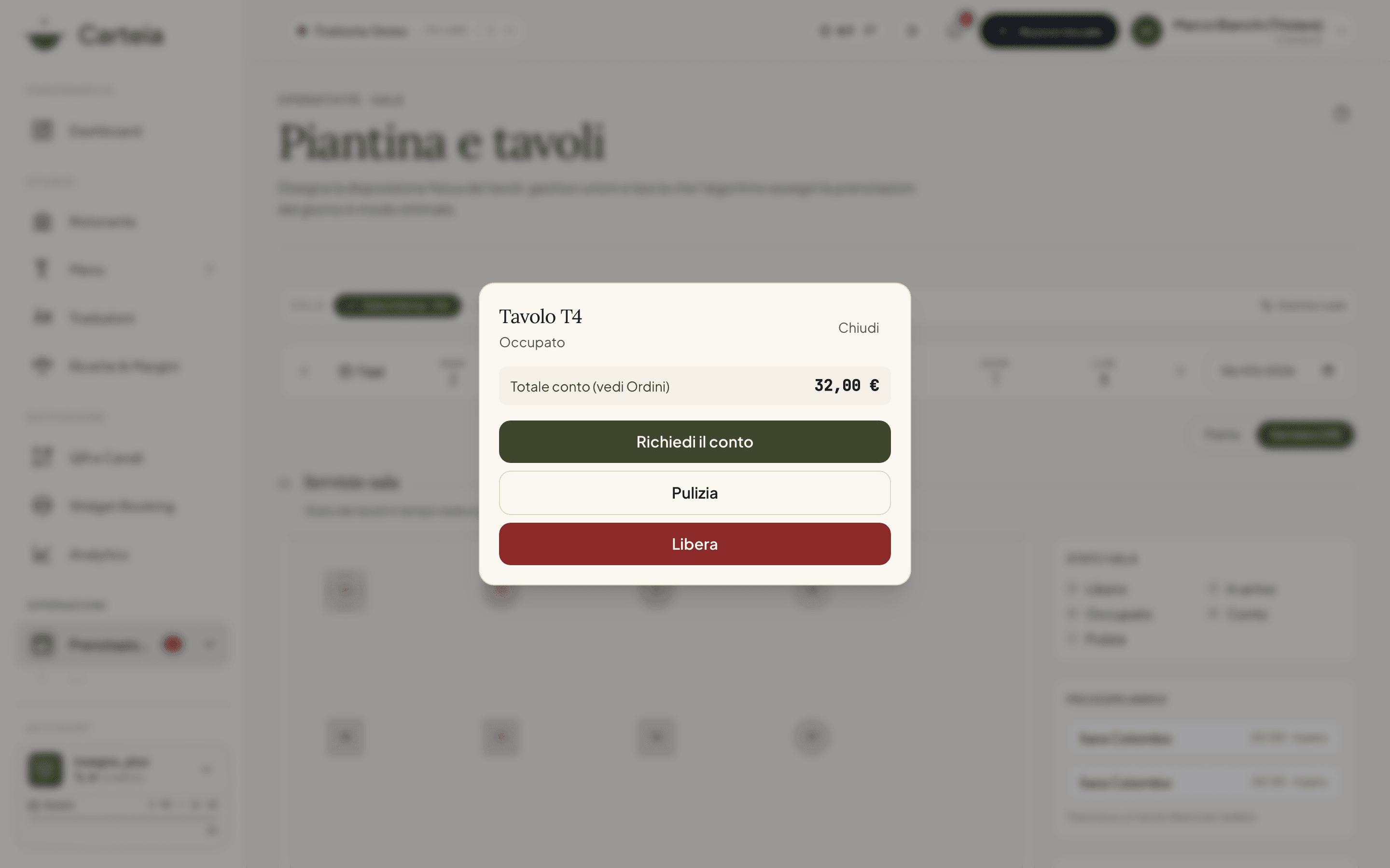 Pannello azioni su un tavolo occupato (Tavolo T4): totale del conto 32,00 €, e i pulsanti Richiedi il conto, Pulizia e Libera