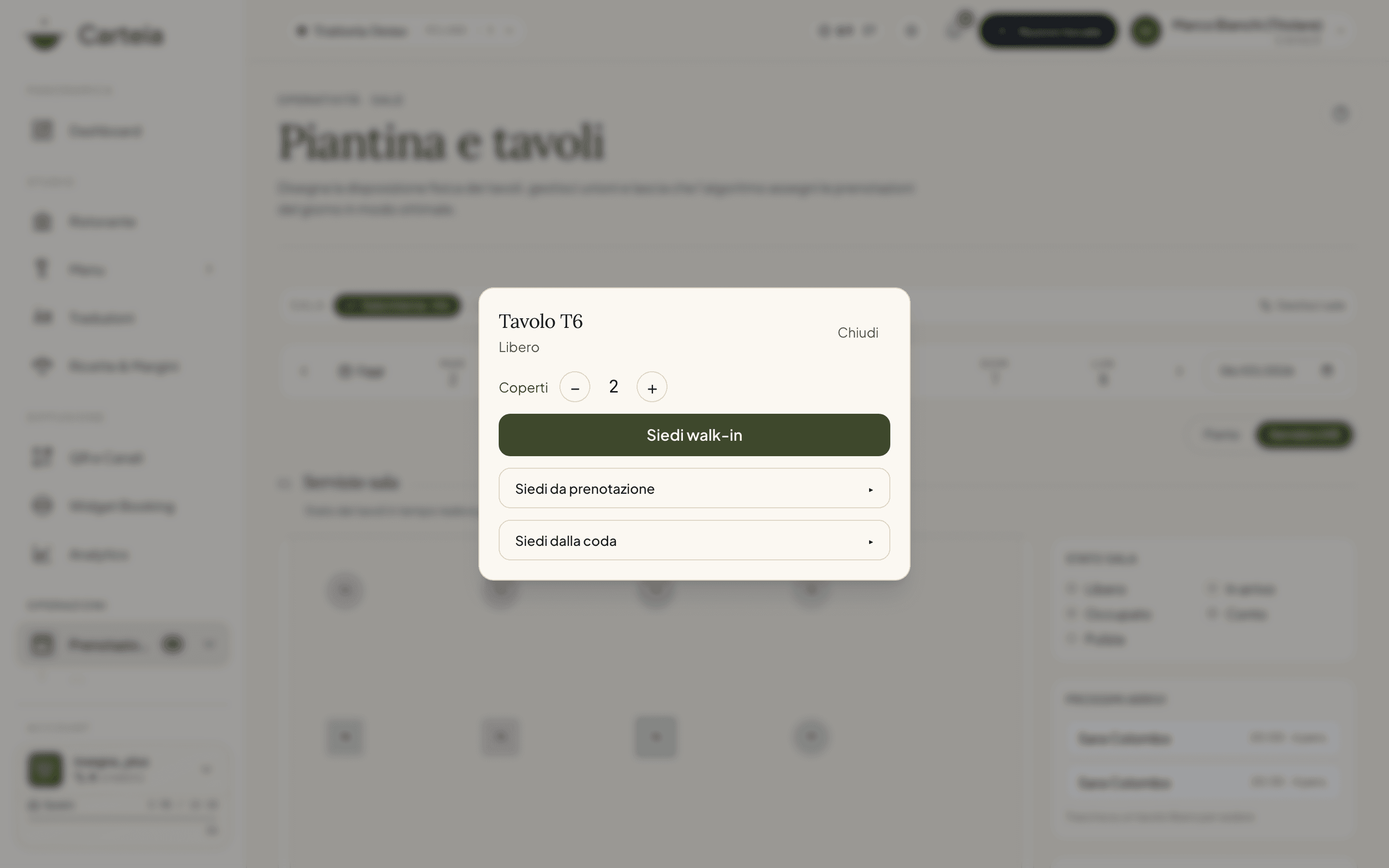 Pannello azioni su un tavolo libero: selettore dei coperti, pulsante Siedi walk-in e voci Siedi da prenotazione e Siedi dalla coda