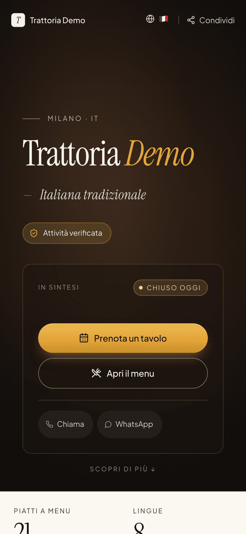 Pagina pubblica della Trattoria Demo su smartphone, con i pulsanti Prenota un tavolo e Apri il menu
