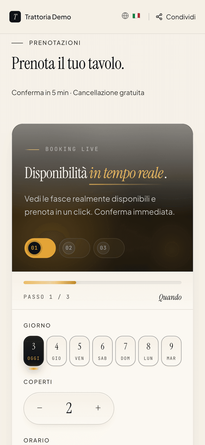 Modulo di prenotazione su smartphone: scelta del giorno, dei coperti e dell'orario tra le disponibilità in tempo reale