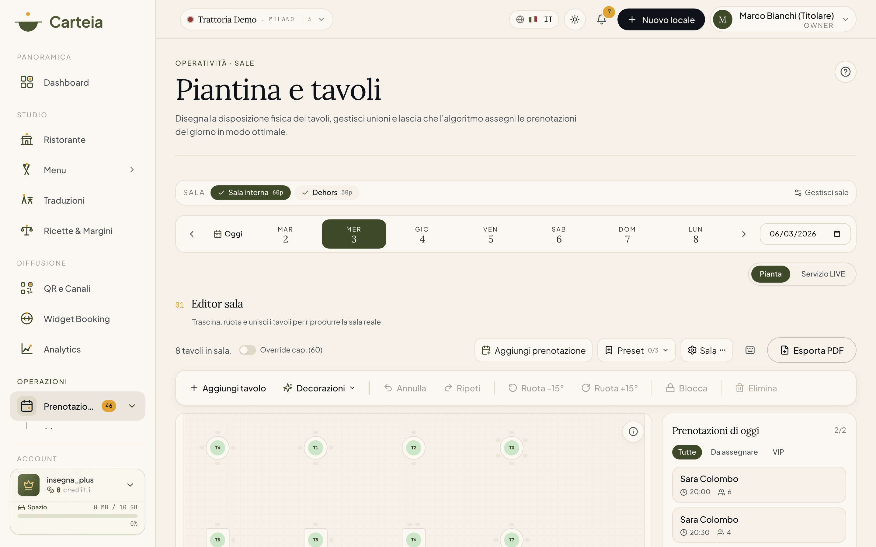 Pagina Piantina e tavoli della Trattoria Demo in modalità Pianta: selettore sala, calendario, interruttore Pianta/Servizio LIVE, toolbar dell'editor con i tavoli e la lista delle prenotazioni di oggi a destra