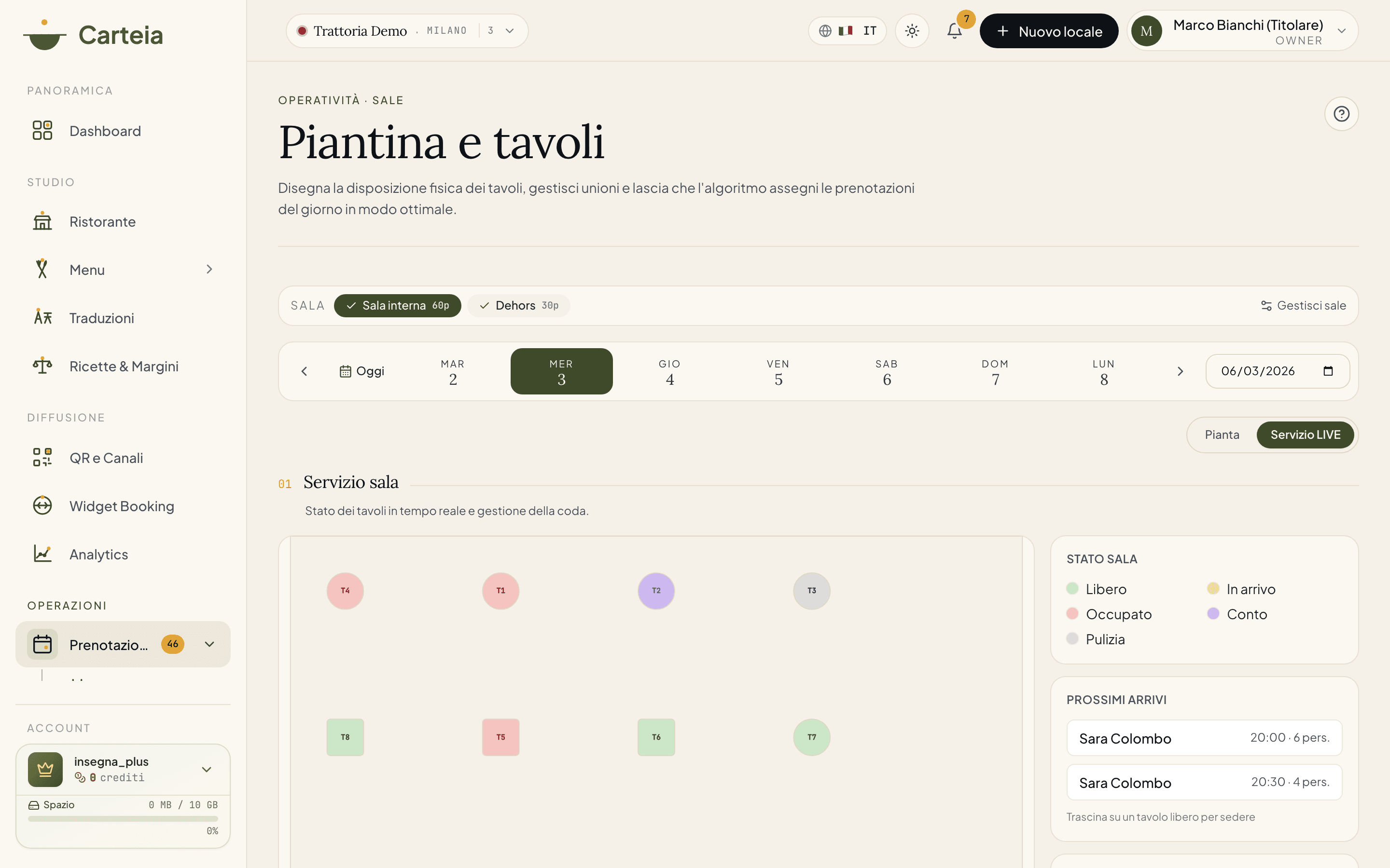 Modalità Servizio LIVE: i tavoli della sala colorati per stato (libero, occupato, al conto, in pulizia), con la legenda Stato sala a destra e il pannello Prossimi arrivi con le prenotazioni di oggi