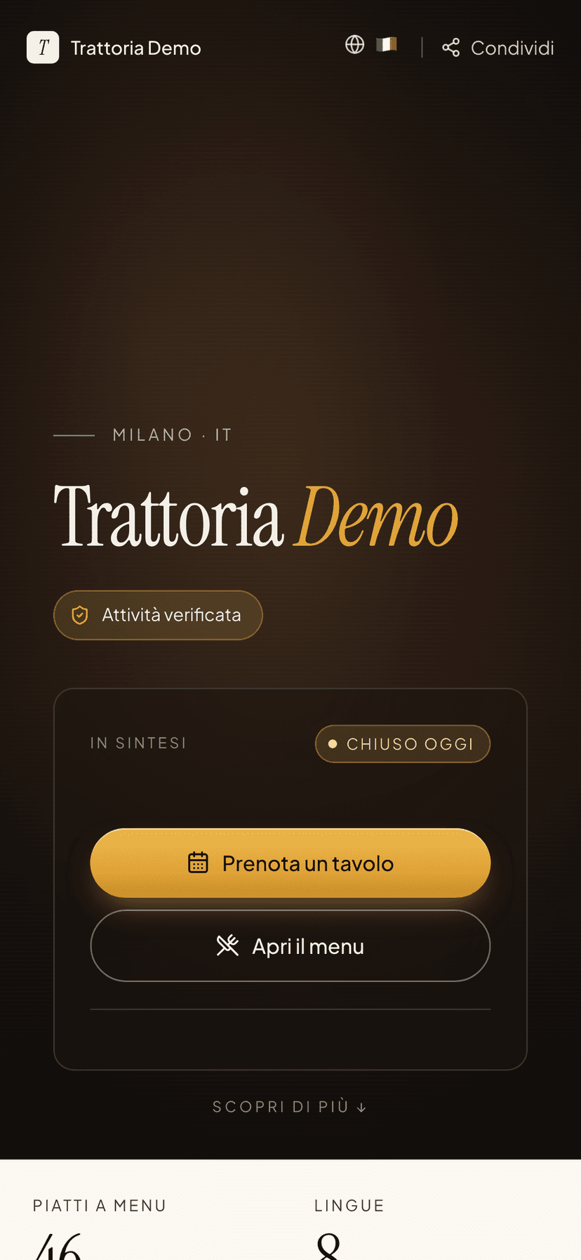 Pagina pubblica del locale su smartphone, da cui parte la prenotazione