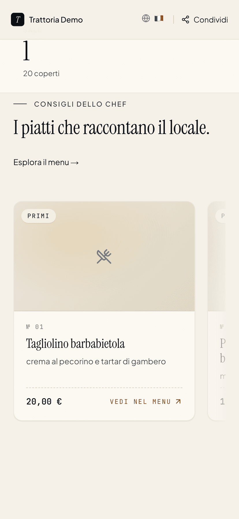 Pagina pubblica su smartphone scorrendo verso il modulo di prenotazione