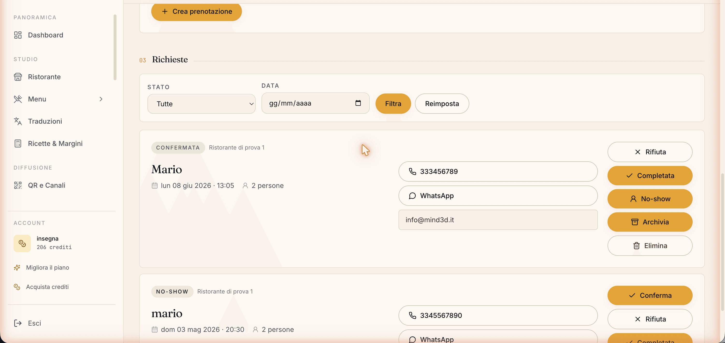 Lista delle richieste con filtri di stato e data; ogni riga ha le azioni rapide per il prossimo stato.