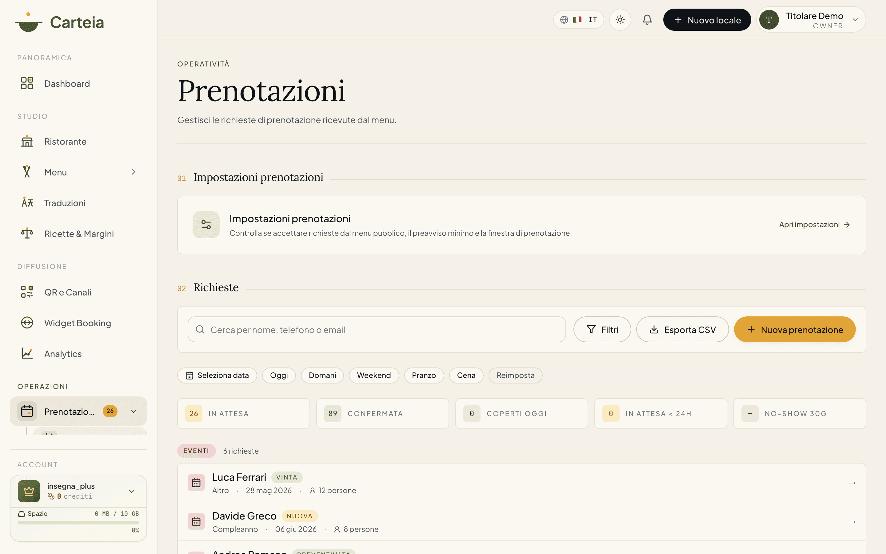 Pagina Prenotazioni con la scheda Impostazioni prenotazioni: casella di abilitazione, anticipo minimo, giorni massimi in anticipo, pulsante Salva.