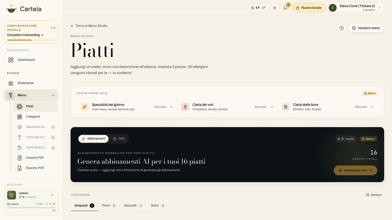 L’elenco dei piatti nel menu studio, con prezzi e allergeni.