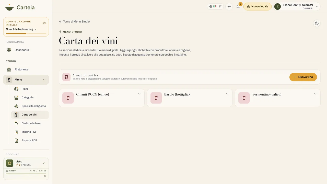 La carta dei vini, con produttore, annata e servizio al calice.