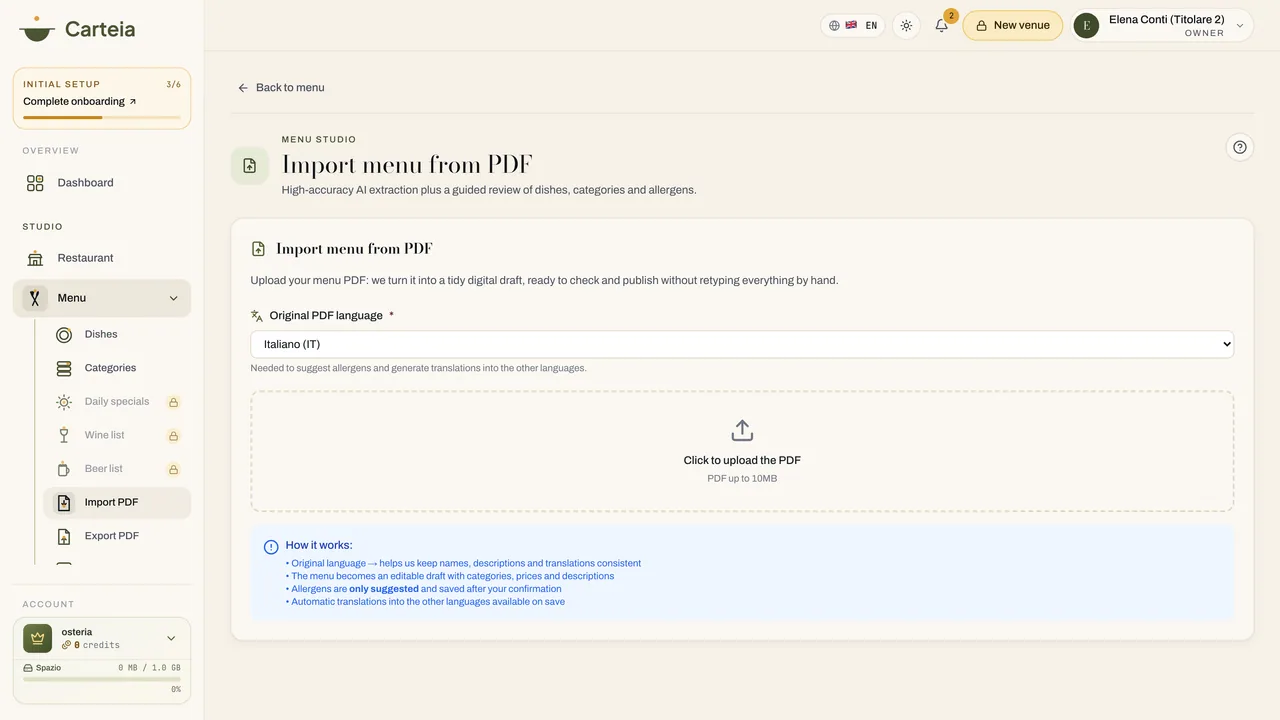 Der Menü-Import aus PDF: Datei hochladen, digitales Menü erhalten.