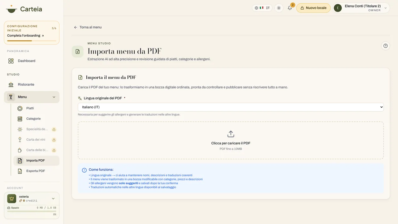 L’importazione del menu da PDF: si carica il file e si ottiene il menu digitale.