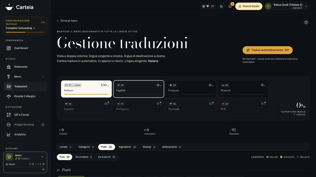 La gestione delle traduzioni a doppia colonna: lingua sorgente a sinistra, lingua di destinazione a destra.