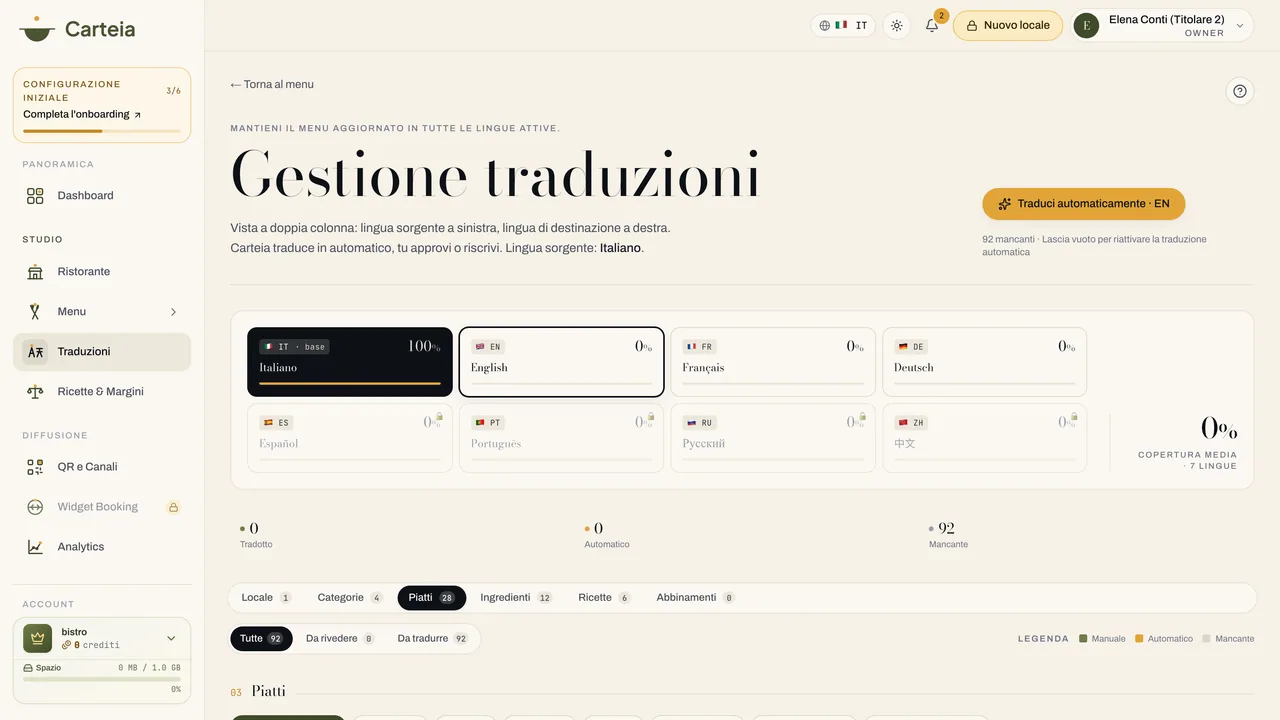 La gestione delle traduzioni a doppia colonna: lingua sorgente a sinistra, lingua di destinazione a destra.