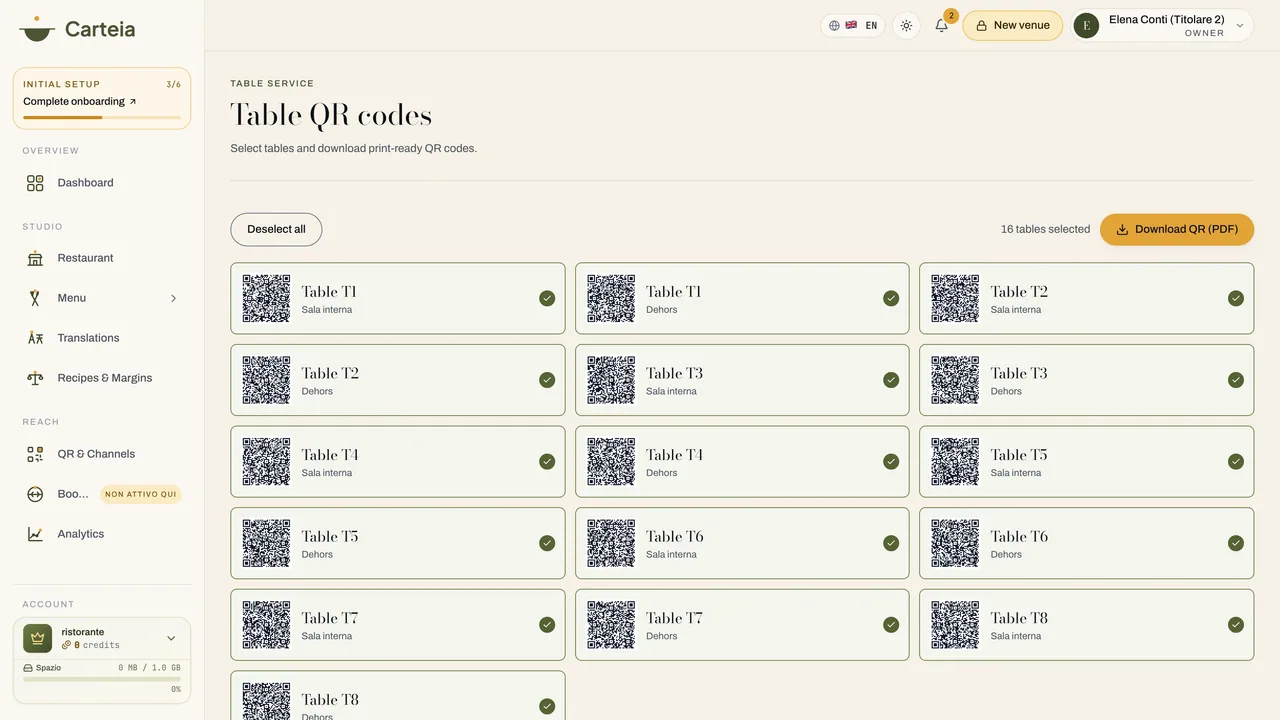 Die Tisch-QR-Seite: ein Code pro Tisch, druckfertig.