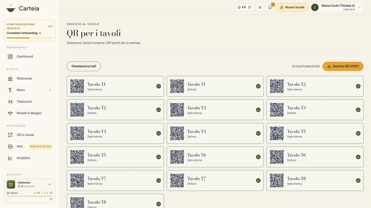 La pagina dei QR per i tavoli: un codice per ogni tavolo, pronto da stampare.