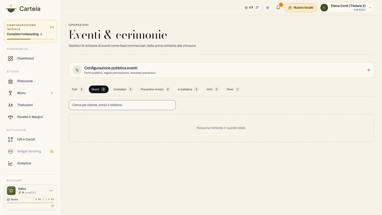 La pagina eventi e cerimonie, con le richieste in lavorazione.